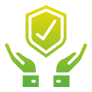 A green icon with two hands holding up a shield.