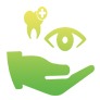 A green hand with an eye, tooth and eye.