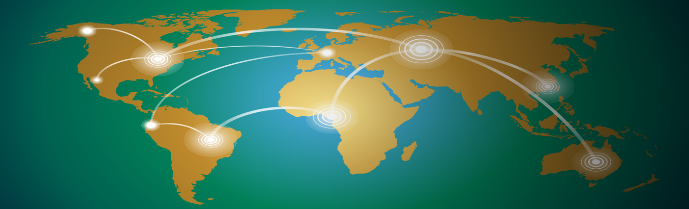 A map of the world with lines connecting to each other.